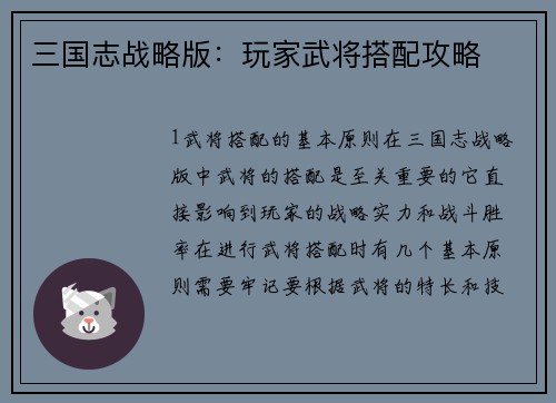 三国志战略版：玩家武将搭配攻略